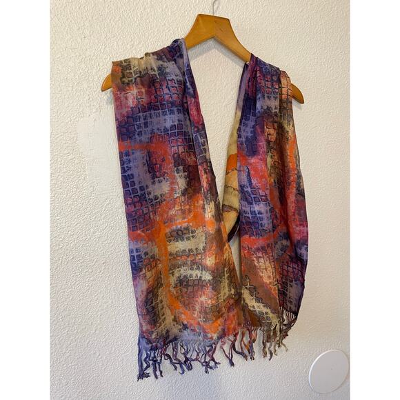 Bohemian Abstract Purple & Orange Printed Long Neck Scarf With Fringe 74”x10.5” - Picture 3 of 6